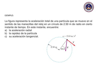 EJEMPLO:
La figura representa la aceleración total de una partícula que se mueve en el
sentido de las manecillas del reloj en un círculo de 2.50 m de radio en cierto
instante de tiempo. En este instante, encuentre:
a) la aceleración radial
b) la rapidez de la partícula
c) su aceleración tangencial.
 