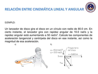 EJEMPLO:
Un lanzador de disco gira el disco en un círculo con radio de 80.0 cm. En
cierto instante, el lanzador gira con rapidez angular de 10.0 rad/s y la
rapidez angular está aumentando a 50 rad/s². Calcule las componentes de
aceleración tangencial y centrípeta del disco en ese instante, así como la
magnitud de esa aceleración.
 