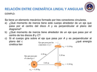 EJEMPLO:
Se tiene un elemento mecánico formado por tres conectores circulares.
a) ¿Qué momento de inercia tiene este cuerpo alrededor de un eje que
pasa por el centro del disco A y es perpendicular al plano del
diagrama?
b) ¿Qué momento de inercia tiene alrededor de un eje que pasa por el
centro de los discos B y C?
c) Si el cuerpo gira sobre el eje que pasa por A y es perpendicular al
plano del diagrama, con rapidez angular 𝜔 = 4 𝑟𝑎𝑑/𝑠, ¿qué energía
cinética tiene?
 