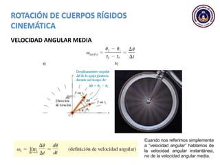 VELOCIDAD ANGULAR MEDIA
Cuando nos referimos simplemente
a “velocidad angular” hablamos de
la velocidad angular instantánea,
no de la velocidad angular media.
 