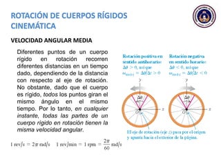 VELOCIDAD ANGULAR MEDIA
Diferentes puntos de un cuerpo
rígido en rotación recorren
diferentes distancias en un tiempo
dado, dependiendo de la distancia
con respecto al eje de rotación.
No obstante, dado que el cuerpo
es rígido, todos los puntos giran el
mismo ángulo en el mismo
tiempo. Por lo tanto, en cualquier
instante, todas las partes de un
cuerpo rígido en rotación tienen la
misma velocidad angular.
 