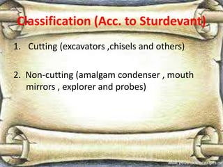 Classification (Acc. to Sturdevant)
1. Cutting (excavators ,chisels and others)
2. Non-cutting (amalgam condenser , mouth
mirrors , explorer and probes)
 