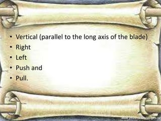 • Vertical (parallel to the long axis of the blade)
• Right
• Left
• Push and
• Pull.
 