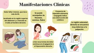 Dolor biliar intenso ,que dura
más de 6h.
localizado en la región superior
del abdomen y a menudo se
irradia al hombro derecho
Se puede
acompañar de
Nauseas,
vomitos, fiebre
La región subcostal
derecha se encuentra
muy dolorosa a la
palpación
Presencia de
hiperbilirrubinemia
conjugada indica
una obstrucción del
colédoco
crisis recurrentes de dolor
contínuo en el epigastrio o
el hipocondrio derecho
Manifestaciones Clínicas
 