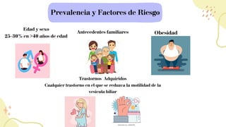 Prevalencia y Factores de Riesgo
Edad y sexo
25-30% en >40 años de edad
Antecedentes familiares Obesidad
Trastornos Adquiridos
Cualquier trastorno en el que se reduzca la motilidad de la
vesícula biliar
 