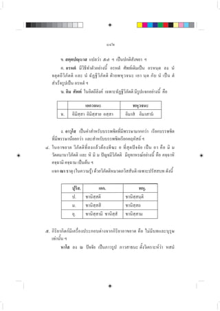 ๑๔๒
ข. สตฺตปฺาส แปลวา ๕๗ ฯ เปนปกติสังขยา ฯ
ค. อรหตํ มีวิธีทำตัวอยางนี้ อรหตํ ศัพทเดิมเปน อรหนฺต ลง นํ
จตุตถีวิภัตติ และ นํ ฉัฏฐีวิภัตติ ฝายพหุวจนะ เอา นฺต กับ นํ เปน ตํ
สำเร็จรูปเปน อรหตํ ฯ
ฆ. อิม ศัพท ในอิตถีลิงค เฉพาะฉัฏฐีวิภัตติ มีรูปแจกอยางนี้ คือ
เอกวจนะ พหุวจนะ
ฉ. อิมิสฺสา อิมิสฺสาย อสฺสา อิมาส อิมาสาน
ง. อาวุโส เปนคำสำหรับบรรพชิตที่มีพรรษามากกวา เรียกบรรพชิต
ที่มีพรรษานอยกวา และสำหรับบรรพชิตเรียกคฤหัสถ ฯ
๔. ในอาขยาต วิภัตติที่ลงแลวตองทีฆะ อ ที่สุดปจจัย เปน อา คือ มิ ม
วัตตมานาวิภัตติ และ หิ มิ ม ปญจมีวิภัตติ มีอุทาหรณอยางนี้ คือ คจฺฉาหิ
คจฺฉามิ คจฺฉาม เปนตน ฯ
แจก า ธาตุ (ในความรู) ดวยวิภัตติหมวดภวิสสันติ เฉพาะปรัสสบท ดังนี้
ปุริส. เอก. พหุ.
ป. ชานิสฺสติ ชานิสฺสนฺติ
ม. ชานิสฺสสิ ชานิสฺสถ
อุ. ชานิสฺสามิ ชานิสฺสํ ชานิสฺสาม
๕. กิริยากิตกมีเครื่องประกอบตางจากกิริยาอาขยาต คือ ไมมีบทและบุรุษ
เทานั้น ฯ
หาโส ลง ณ ปจจัย เปนภาวรูป ภาวสาธนะ ตั้งวิเคราะหวา หสนํ
 