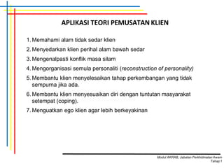 APLIKASI TEORI PEMUSATAN KLIEN
1. Memahami alam tidak sedar klien
2. Menyedarkan klien perihal alam bawah sedar
3. Mengenalpasti konflik masa silam
4. Mengorganisasi semula personaliti (reconstruction of personality)
5. Membantu klien menyelesaikan tahap perkembangan yang tidak
sempurna jika ada.
6. Membantu klien menyesuaikan diri dengan tuntutan masyarakat
setempat (coping).
7. Menguatkan ego klien agar lebih berkeyakinan
Modul AKRAB, Jabatan Perkhidmatan Awam
Tahap1
 