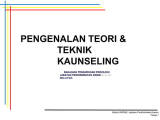 PENGENALAN TEORI &
TEKNIK
KAUNSELING
BAHAGIAN PENGURUSAN PSIKOLOGI
JABATAN PERKHIDMATAN AWAM
MALAYSIA
Modul AKRAB, Jabatan Perkhidmatan Awam
Tahap1
 