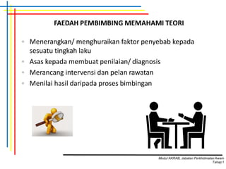 FAEDAH PEMBIMBING MEMAHAMI TEORI
• Menerangkan/ menghuraikan faktor penyebab kepada
sesuatu tingkah laku
• Asas kepada membuat penilaian/ diagnosis
• Merancang intervensi dan pelan rawatan
• Menilai hasil daripada proses bimbingan
Modul AKRAB, Jabatan Perkhidmatan Awam
Tahap1
 