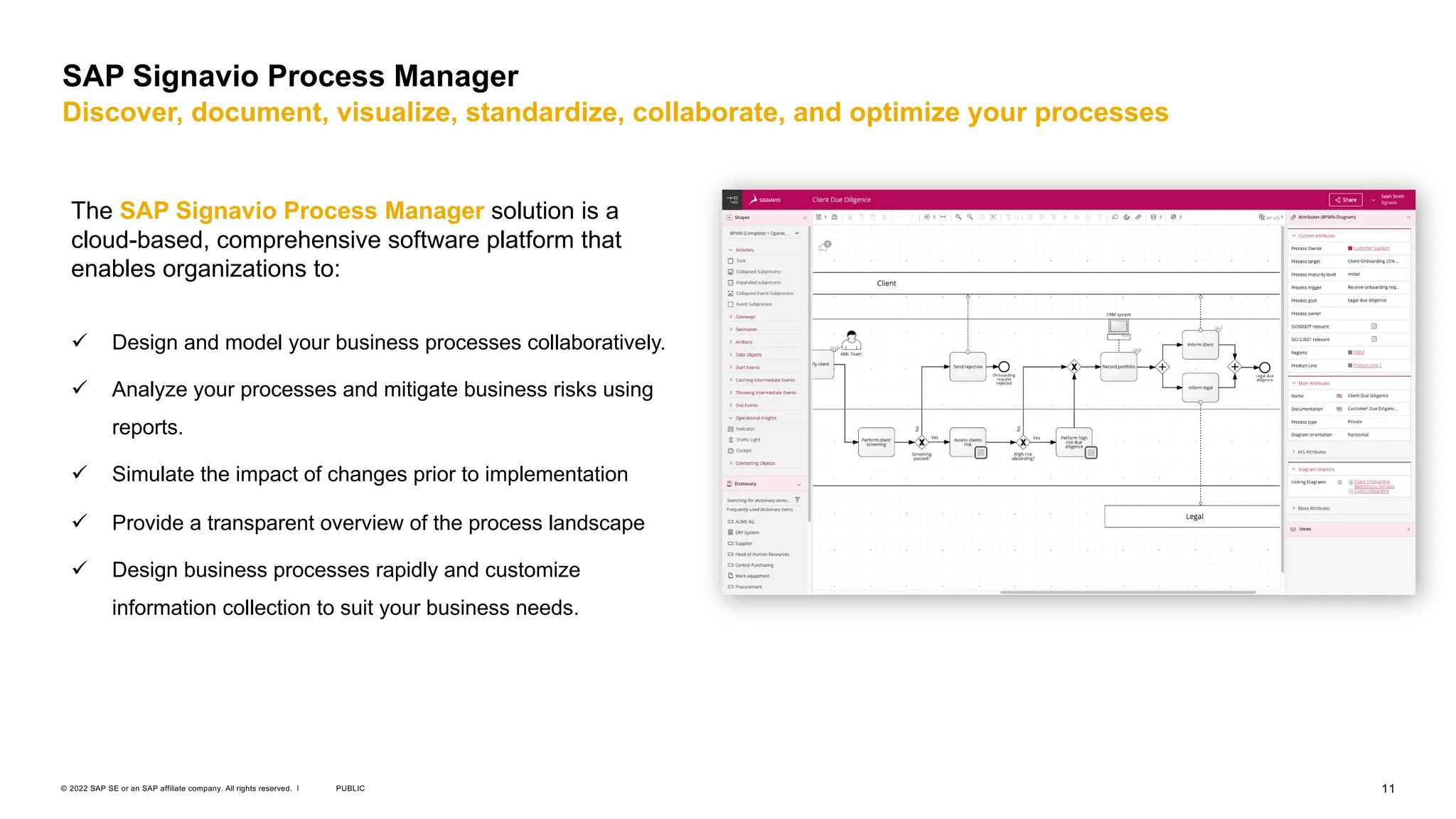 11
PUBLIC
© 2022 SAP SE or an SAP affiliate company. All rights reserved. ǀ
LAB
PREVIEW
SAP Signavio Process Manager
Discover, document, visualize, standardize, collaborate, and optimize your processes
The SAP Signavio Process Manager solution is a
cloud-based, comprehensive software platform that
enables organizations to:
ü Design and model your business processes collaboratively.
ü Analyze your processes and mitigate business risks using
reports.
ü Simulate the impact of changes prior to implementation
ü Provide a transparent overview of the process landscape
ü Design business processes rapidly and customize
information collection to suit your business needs.
 