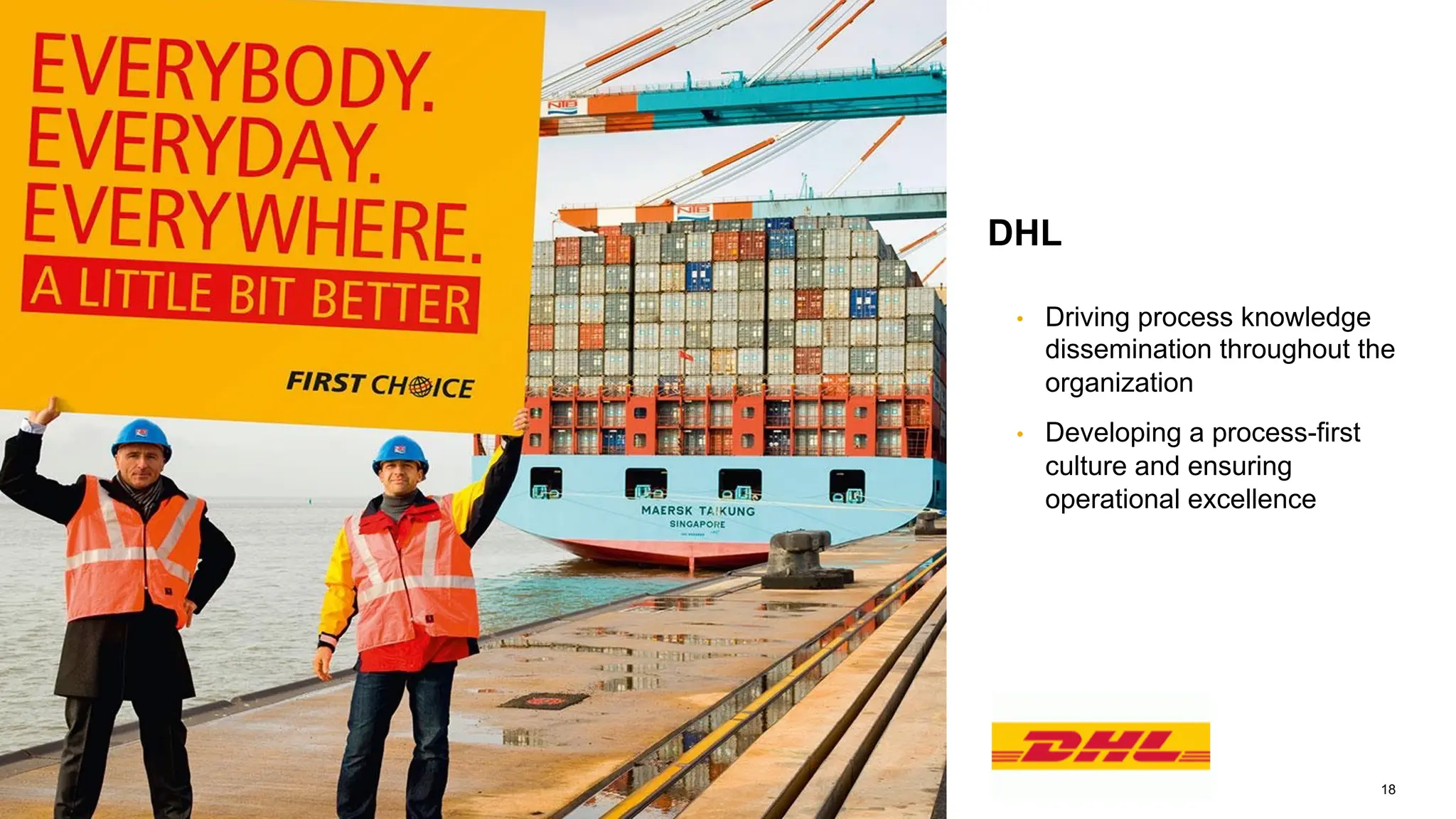 18
PUBLIC
© 2022 SAP SE or an SAP affiliate company. All rights reserved. ǀ
DHL
• Driving process knowledge
dissemination throughout the
organization
• Developing a process-first
culture and ensuring
operational excellence
 