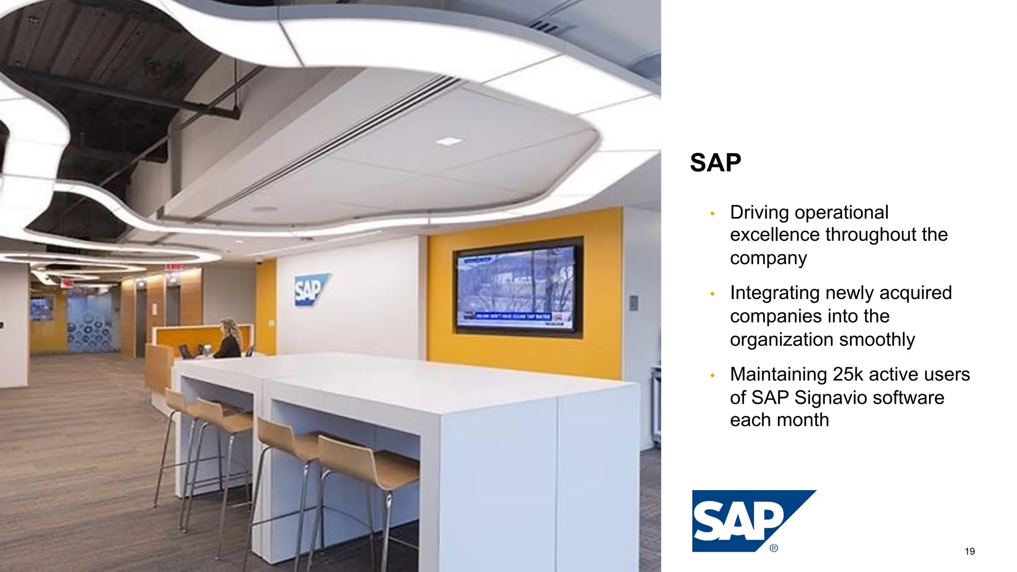 19
PUBLIC
© 2022 SAP SE or an SAP affiliate company. All rights reserved. ǀ
SAP
• Driving operational
excellence throughout the
company
• Integrating newly acquired
companies into the
organization smoothly
• Maintaining 25k active users
of SAP Signavio software
each month
 