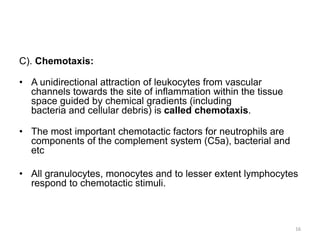 C). Chemotaxis:
• A unidirectional attraction of leukocytes from vascular
channels towards the site of inflammation within the tissue
space guided by chemical gradients (including
bacteria and cellular debris) is called chemotaxis.
• The most important chemotactic factors for neutrophils are
components of the complement system (C5a), bacterial and
etc
• All granulocytes, monocytes and to lesser extent lymphocytes
respond to chemotactic stimuli.
16
 