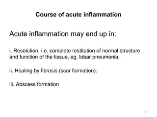 Course of acute inflammation
Acute inflammation may end up in:
i. Resolution: i.e. complete restitution of normal structure
and function of the tissue, eg. lobar pneumonia.
ii. Healing by fibrosis (scar formation).
iii. Abscess formation
27
 