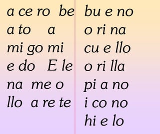 a ce ro be
a to a
mi go mi
e do E le
na me o
llo a re te
bu e no
o ri na
cu e llo
o ri lla
pi a no
i co no
hi e lo
 