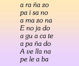 a ra ña zo
pa i sa no
a ma zo na
E no ja do
a gu a ca te
a pa ña do
A ve lla na
pe le a ba
 