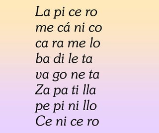 La pi ce ro
me cá ni co
ca ra me lo
ba di le ta
va go ne ta
Za pa ti lla
pe pi ni llo
Ce ni ce ro
 