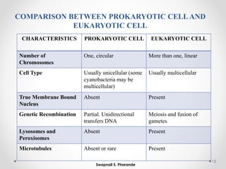 CHARACTERISTICS PROKARYOTIC CELL EUKARYOTIC CELL
Number of
Chromosomes
One, circular More than one, linear
Cell Type Usually unicellular (some
cyanobacteria may be
multicellular)
Usually multicellular
True Membrane Bound
Nucleus
Absent Present
Genetic Recombination Partial. Unidirectional
transfers DNA
Meiosis and fusion of
gametes
Lysosomes and
Peroxisomes
Absent Present
Microtubules Absent or rare Present
15
Swapnali S. Pharande
COMPARISON BETWEEN PROKARYOTIC CELLAND
EUKARYOTIC CELL
 