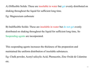 A) Diffusible Solids: These are insoluble in water but get evenly distributed on
shaking throughout the liquid for sufficient long time.
Eg: Magnessium carbonate
B) Indiffusible Soilds: These are insoluble in water but do not get evenly
distributed on shaking throughout the liquid for sufficient long time, So
Suspending agents are incorporated.
This suspending agents increases the thickness of the preparation and
maintained the uniform distribution of insoluble substances.
Eg: Chalk powder, Acetyl salicylic Acid, Phenacetin, Zinc Oxide & Calamine
etc.
13
 