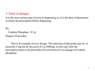 1. Error in dosage:
It is the most serious type of error in dispensing so, it is the duty of pharmacist
to check the prescription before dispensing.
Rx
Codeine Phosphate 0.5 g
Prepare 10 powders
This is an example of over dosage. The intension of physician may be to
prescribe 5 mg but he has given 0.5 g (500mg). In this case refer the
prescription back to the prescriber for correction of over dosage of Codeine
phosphate.
46
 