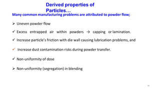 40
Derived properties of
Particles…
Many common manufacturing problems are attributed to powder flow;
 Uneven powder flow
 Excess entrapped air within powders → capping or lamination.
 Increase particle’s friction with die wall causing lubrication problems, and
 Increase dust contamination risks during powder transfer.
 Non-uniformity of dose
 Non-uniformity (segregation) in blending
 