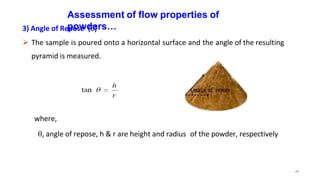 Assessment of flow properties of
powders…
3) Angle of Repose ()
 The sample is poured onto a horizontal surface and the angle of the resulting
pyramid is measured.
where,
, angle of repose, h & r are height and radius of the powder, respectively
44
 