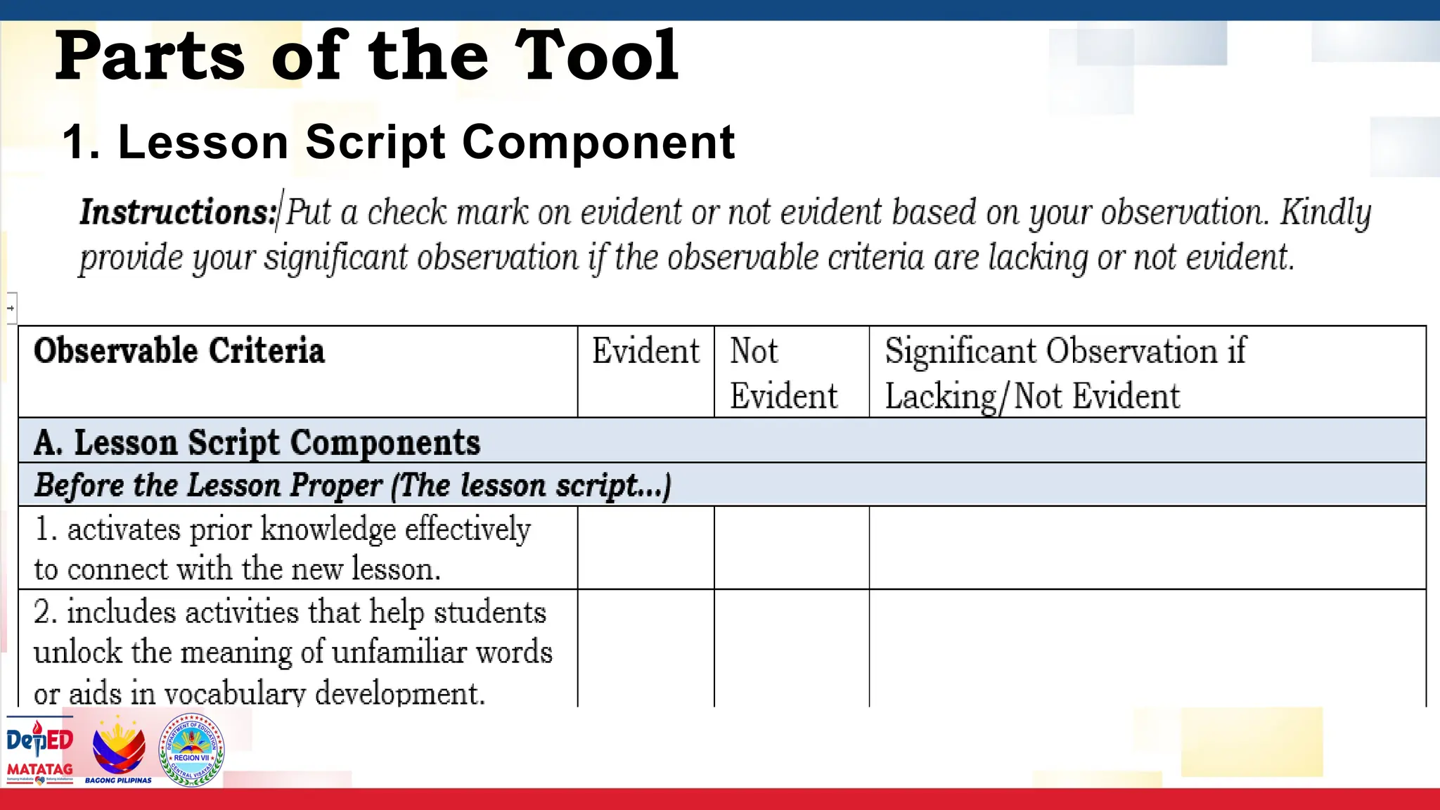 1. Lesson Script Component
Parts of the Tool
 