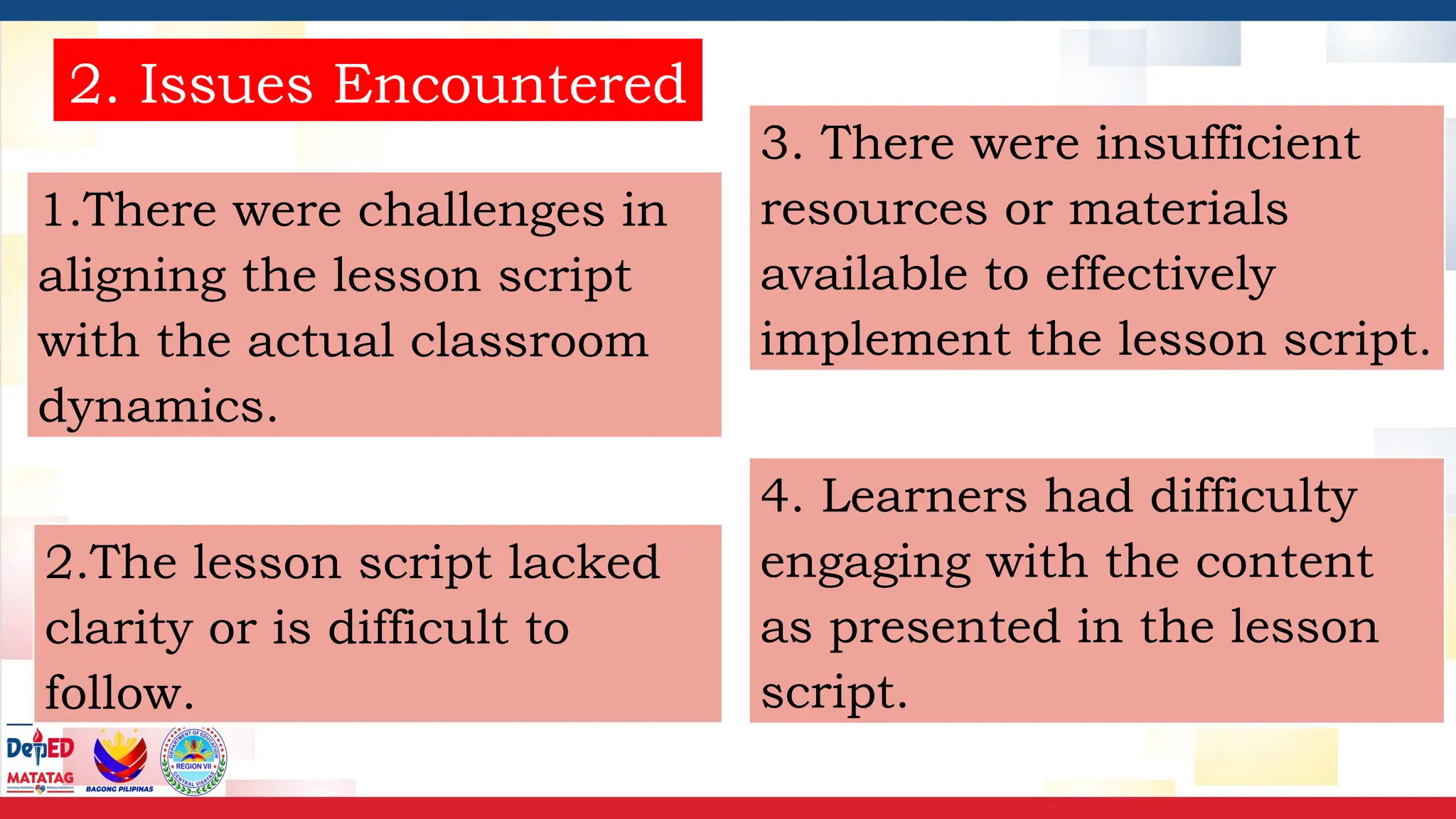 2. Issues Encountered
1.There were challenges in
aligning the lesson script
with the actual classroom
dynamics.
3. There were insufficient
resources or materials
available to effectively
implement the lesson script.
2.The lesson script lacked
clarity or is difficult to
follow.
4. Learners had difficulty
engaging with the content
as presented in the lesson
script.
 