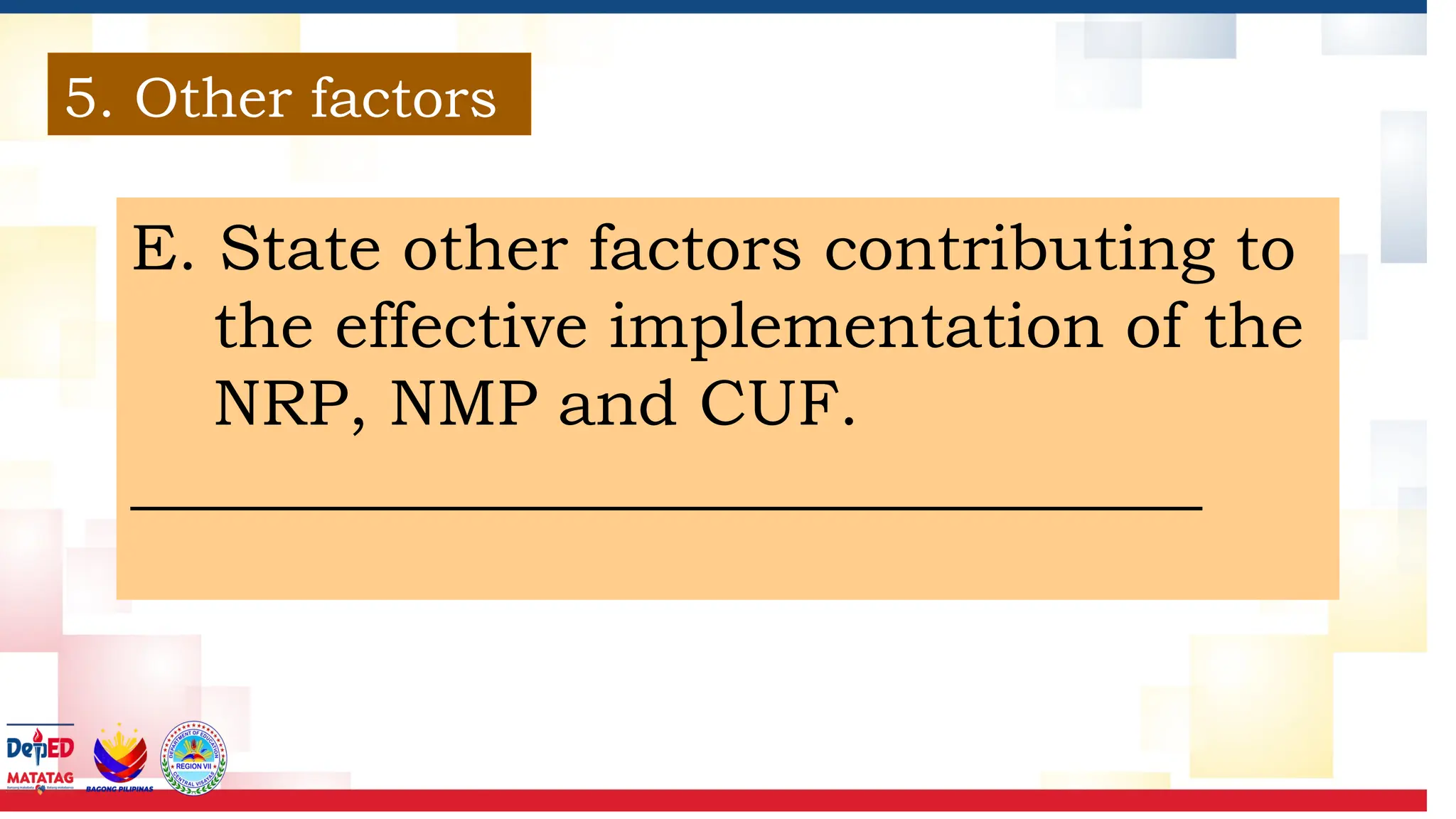 5. Other factors
E. State other factors contributing to
the effective implementation of the
NRP, NMP and CUF.
_________________________________
 