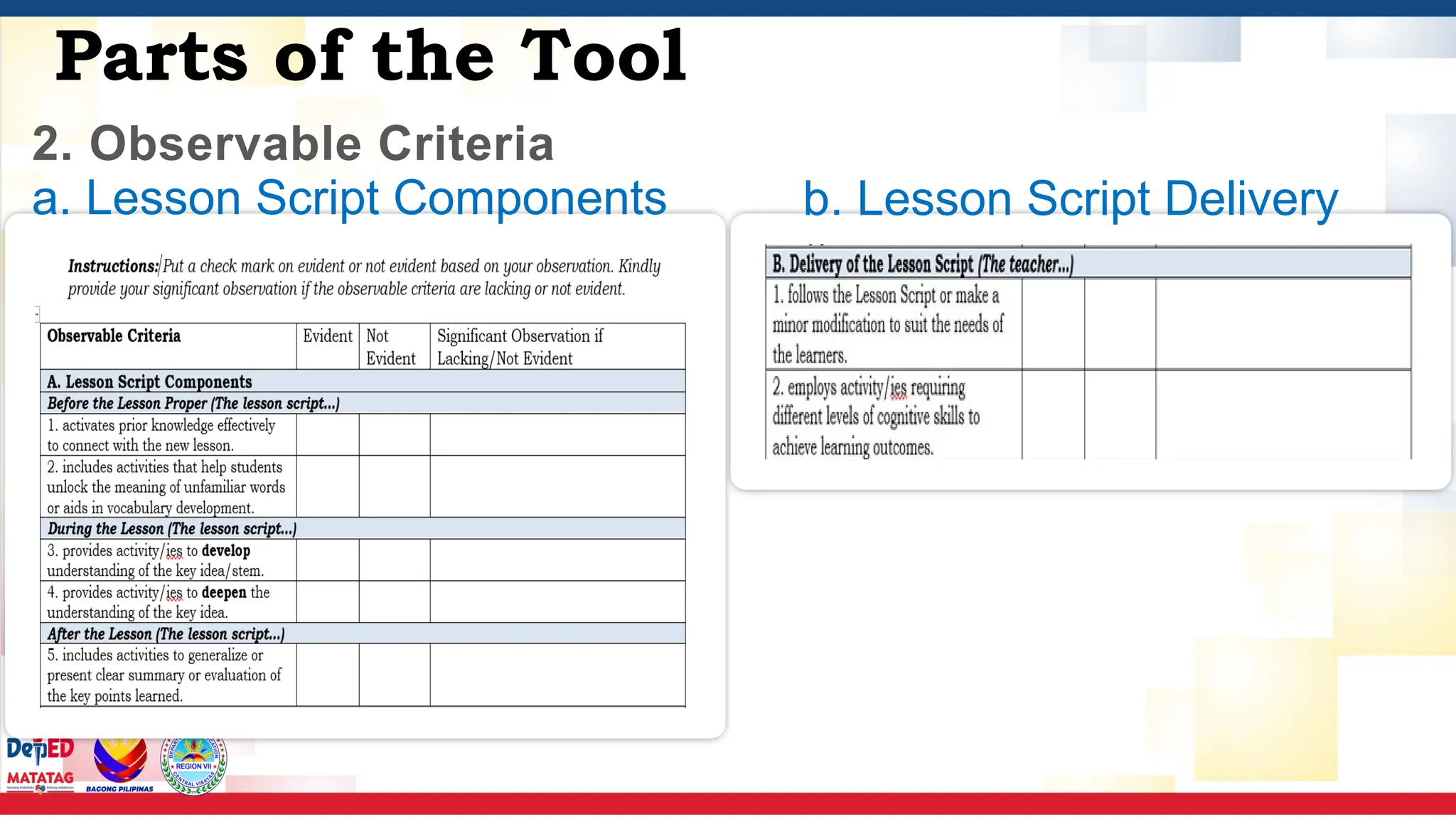 2. Observable Criteria
Parts of the Tool
a. Lesson Script Components b. Lesson Script Delivery
 