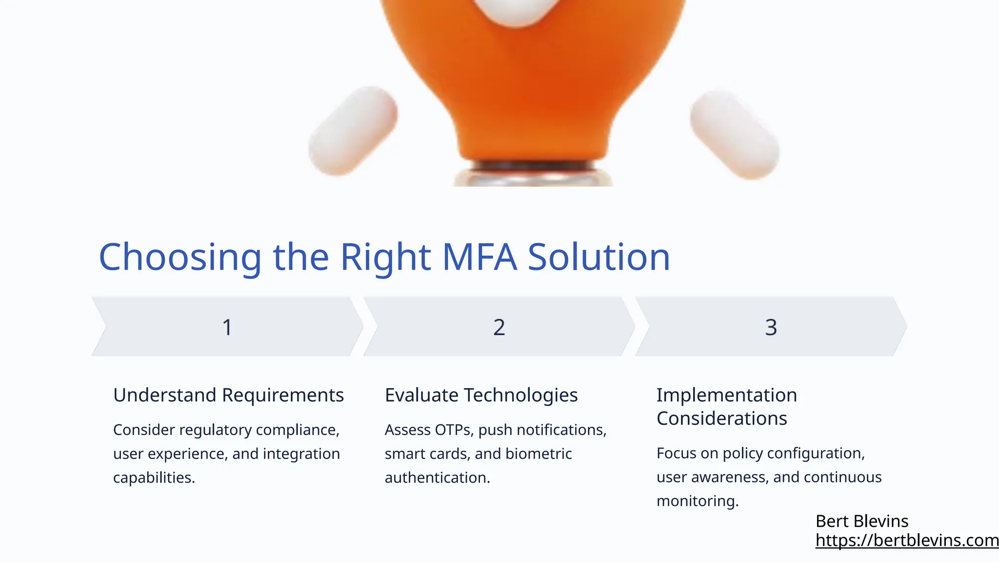 Choosing the Right MFA Solution
Understand Requirements
Consider regulatory compliance,
user experience, and integration
capabilities.
Evaluate Technologies
Assess OTPs, push notifications,
smart cards, and biometric
authentication.
Implementation
Considerations
Focus on policy configuration,
user awareness, and continuous
monitoring.
https://bertblevins.com
Bert Blevins
 
