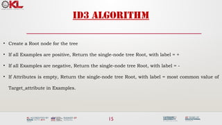 15
ID3 algorithm
• Create a Root node for the tree
• If all Examples are positive, Return the single-node tree Root, with label = +
• If all Examples are negative, Return the single-node tree Root, with label = -
• If Attributes is empty, Return the single-node tree Root, with label = most common value of
Target_attribute in Examples.
 