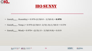 26
ID3-sunny
• Gain(Ssunny , Humidity) = 0.970-(3/5)0.0 – 2/5(0.0) = 0.970
• Gain(Ssunny , Temp.) = 0.970-(2/5)0.0 –2/5(1.0)-(1/5)0.0 = 0.570
• Gain(Ssunny , Wind) = 0.970= -(2/5)1.0 – 3/5(0.918) = 0.019
 