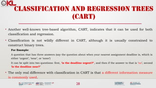 28
CLASSIFICATION AND REGRESSION TREES
(CART)
• Another well-known tree-based algorithm, CART, indicates that it can be used for both
classification and regression.
• Classification is not wildly different in CART, although it is usually constrained to
construct binary trees.
For Example:
A question that has three answers (say the question about when your nearest assignment deadline is, which is
either ‘urgent’, ‘near’, or ‘none’)
It can be split into two questions: first, ‘is the deadline urgent?’, and then if the answer to that is ‘no’, second
‘is the deadline near?’
• The only real difference with classification in CART is that a different information measure
is commonly used.
 