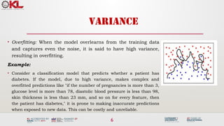 6
VARIANCE
• Overfitting: When the model overlearns from the training data
and captures even the noise, it is said to have high variance,
resulting in overfitting.
Example:
• Consider a classification model that predicts whether a patient has
diabetes. If the model, due to high variance, makes complex and
overfitted predictions like "if the number of pregnancies is more than 3,
glucose level is more than 78, diastolic blood pressure is less than 98,
skin thickness is less than 23 mm, and so on for every feature, then
the patient has diabetes," it is prone to making inaccurate predictions
when exposed to new data. This can be costly and unreliable.
 