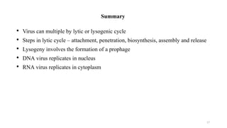 17
Summary
• Virus can multiple by lytic or lysogenic cycle
• Steps in lytic cycle – attachment, penetration, biosynthesis, assembly and release
• Lysogeny involves the formation of a prophage
• DNA virus replicates in nucleus
• RNA virus replicates in cytoplasm
 