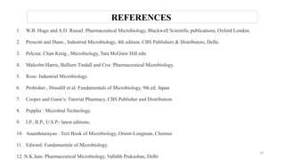 18
1. W.B. Hugo and A.D. Russel: Pharmaceutical Microbiology, Blackwell Scientific publications, Oxford London.
2. Prescott and Dunn., Industrial Microbiology, 4th edition, CBS Publishers & Distributors, Delhi.
3. Pelczar, Chan Kreig , Microbiology, Tata McGraw Hill edn.
4. Malcolm Harris, Balliere Tindall and Cox: Pharmaceutical Microbiology.
5. Rose: Industrial Microbiology.
6. Probisher , Hinsdill et al: Fundamentals of Microbiology, 9th ed. Japan
7. Cooper and Gunn’s: Tutorial Pharmacy, CBS Publisher and Distribution.
8. Peppler : Microbial Technology.
9. I.P., B.P., U.S.P.- latest editions.
10. Ananthnarayan : Text Book of Microbiology, Orient-Longman, Chennai
11. Edward: Fundamentals of Microbiology.
12. N.K.Jain: Pharmaceutical Microbiology, Vallabh Prakashan, Delhi
REFERENCES
 