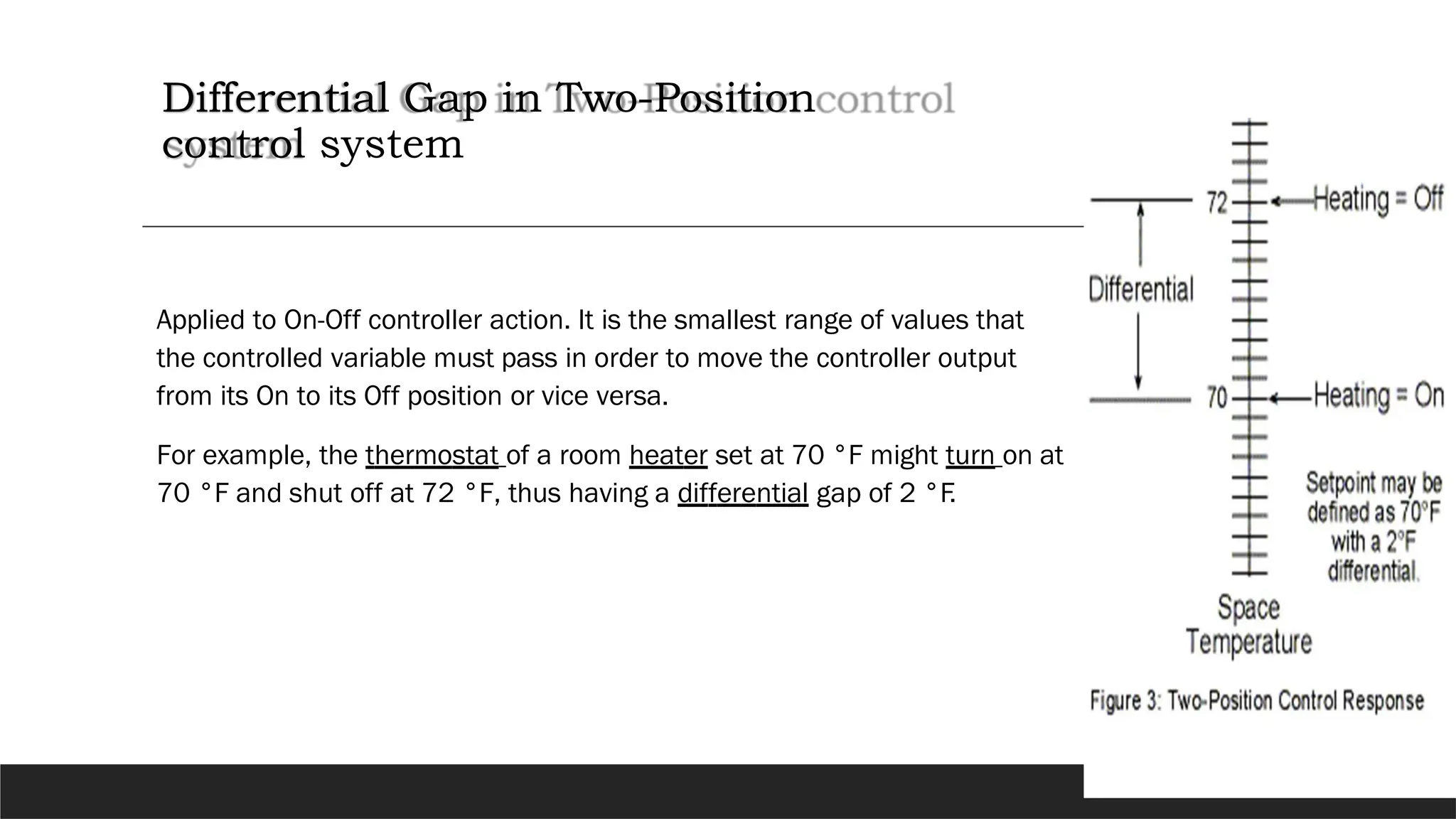 Differential Gap in Two-Position
control system
Applied to On-Off controller action. It is the smallest range of values that
the controlled variable must pass in order to move the controller output
from its On to its Off position or vice versa.
For example, the thermostat of a room heater set at 70 °F might turn on at
70 °F and shut off at 72 °F, thus having a differential gap of 2 °F.
 