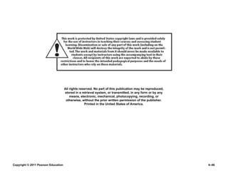 Copyright © 2011 Pearson Education 4–46
All rights reserved. No part of this publication may be reproduced,
stored in a retrieval system, or transmitted, in any form or by any
means, electronic, mechanical, photocopying, recording, or
otherwise, without the prior written permission of the publisher.
Printed in the United States of America.
 