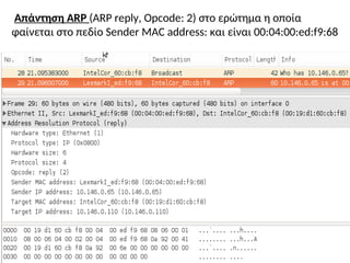 Απάντηση ARP (ARP reply, Opcode: 2) στο ερώτημα η οποία
φαίνεται στο πεδίο Sender MAC address: και είναι 00:04:00:ed:f9:68
 