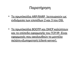 Παρατήρηση
• Τα πρωτόκολλα ARP/RARP λειτουργούν ως
ενδιάμεσα των επιπέδων 2 και 3 του OSI.
• Τα πρωτόκολλα BOOTP και DHCP καλύπτουν
και το επίπεδο εφαρμογής του TCP/IP. Είναι
εφαρμογές που ακολουθούν το μοντέλο
πελάτη-εξυπηρετητή (client-server).
 