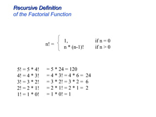Recursive Definition
Recursive Definition
of the Factorial Function
n! =
1, if n = 0
n * (n-1)! if n > 0
5! = 5 * 4!
4! = 4 * 3!
3! = 3 * 2!
2! = 2 * 1!
1! = 1 * 0!
= 5 * 24 = 120
= 4 * 3! = 4 * 6 = 24
= 3 * 2! = 3 * 2 = 6
= 2 * 1! = 2 * 1 = 2
= 1 * 0! = 1
 