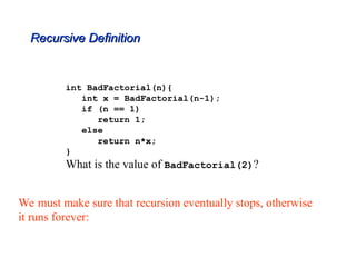 int BadFactorial(n){
int x = BadFactorial(n-1);
if (n == 1)
return 1;
else
return n*x;
}
What is the value of BadFactorial(2)?
Recursive Definition
Recursive Definition
We must make sure that recursion eventually stops, otherwise
it runs forever:
 