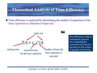 Copyright  Li Zimao @ 2007-2008-1 SCUEC
Theoretical Analysis of Time Efficiency
Time efficiency is analyzed by determining the number of repetitions of the
basic operation as a function of input size.
The efficiency analysis
framework ignores
the multiplicative
constants of C(n) and
focuses on the orders
of growth of the C(n).
 