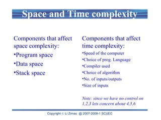 Space and Time complexity
Components that affect
space complexity:
•Program space
•Data space
•Stack space
Components that affect
time complexity:
•Speed of the computer
•Choice of prog. Language
•Compiler used
•Choice of algorithm
•No. of inputs/outputs
•Size of inputs
Note: since we have no control on
1,2,3 lets concern about 4,5,6
Copyright  Li Zimao @ 2007-2008-1 SCUEC
 