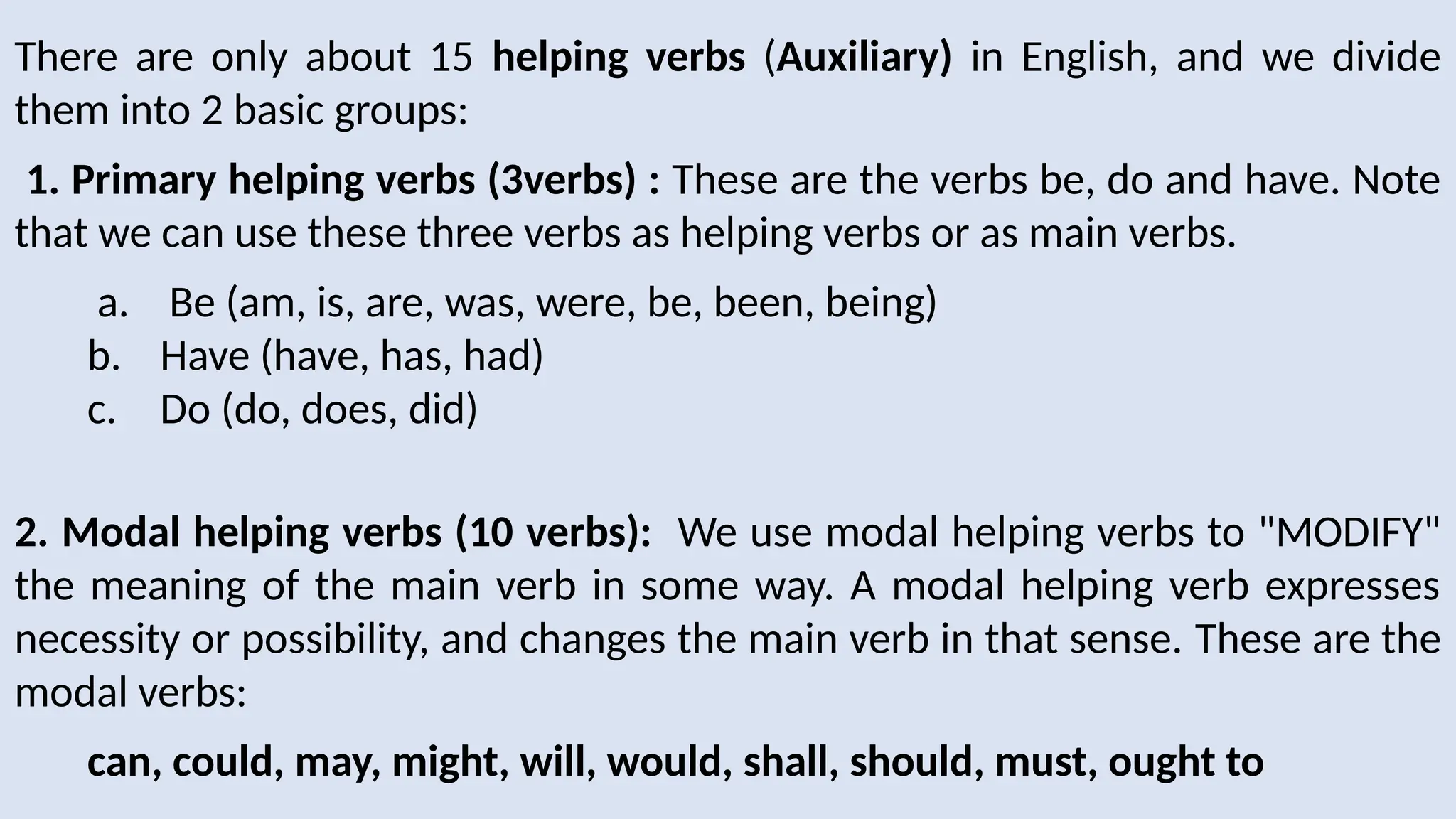 There are only about 15 helping verbs (Auxiliary) in English, and we divide
them into 2 basic groups:
1. Primary helping verbs (3verbs) : These are the verbs be, do and have. Note
that we can use these three verbs as helping verbs or as main verbs.
a. Be (am, is, are, was, were, be, been, being)
b. Have (have, has, had)
c. Do (do, does, did)
2. Modal helping verbs (10 verbs): We use modal helping verbs to "MODIFY"
the meaning of the main verb in some way. A modal helping verb expresses
necessity or possibility, and changes the main verb in that sense. These are the
modal verbs:
can, could, may, might, will, would, shall, should, must, ought to
 