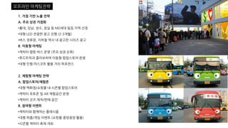 1. 거점 기반 노출 전략
A. 주요 상권 거점화
•홍대, 강남, 성수, 잠실 등 MZ세대 밀집 지역 선정
•대형 LED 전광판 광고 진행 (2-3개월)
•버스 정류장, 지하철 역사 내 광고판 시리즈 광고
B. 이동형 마케팅
•캐릭터 랩핑 버스 운영 (주요 상권 순회)
•푸드트럭과 콜라보하여 이동형 팝업스토어 운영
•대형 인형 마스코트 활용 거리 퍼포먼스
2. 체험형 마케팅 전략
A. 팝업스토어/체험존
•대형 백화점/쇼핑몰 내 시즌별 팝업스토어
•캐릭터 포토존 및 AR 체험공간 운영
•캐릭터 굿즈 제작/판매 공간
B. 참여형 이벤트
•캐릭터와 함께하는 플래시몹
•대형 퍼즐/게임 이벤트 (쇼핑몰 중앙광장 활용)
•시즌별 캐릭터 축제 개최
오프라인 마케팅전략
 