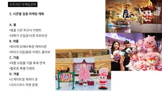 5. 시즌별 집중 마케팅 계획
A. 봄
•벚꽃 시즌 피크닉 이벤트
•대학가 신입생 타겟 프로모션
B. 여름
•워터파크/해수욕장 캐릭터존
•아이스크림/음료 브랜드 콜라보
C. 가을
•대형 쇼핑몰 가을 축제 연계
•할로윈 특별 이벤트
D. 겨울
•스케이트장 캐릭터 존
•크리스마스 마켓 운영
오프라인 마케팅전략
 