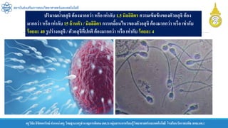 ครูวิชัยลิขิตพรรักษ์ ตาแหน่งครู วิทยฐานะครูชานาญการพิเศษ(คศ.3)กลุ่มสาระการเรียนรู้วิทยาศาสตร์และเทคโนโลยี โรงเรียนวัดราชบพิธ สพม.กท.1
สถาบันส่งเสริมการสอนวิทยาศาสตร์และเทคโนโลยี
ปริมาณน้าอสุจิ ต้องมากกว่า หรือ เท่ากับ 1.5 มิลลิลิตร ความเข้มข้นของตัวอสุจิ ต้อง
มากกว่า หรือ เท่ากับ 15 ล้านตัว / มิลลิลิตร การเคลื่อนไหวของตัวอสุจิ ต้องมากกว่า หรือ เท่ากับ
ร้อยละ 40 รูปร่างอสุจิ / ตัวอสุจิที่ปกติ ต้องมากกว่า หรือ เท่ากับ ร้อยละ 4
 