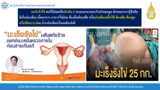 ครูวิชัยลิขิตพรรักษ์ ตาแหน่งครู วิทยฐานะครูชานาญการพิเศษ(คศ.3)กลุ่มสาระการเรียนรู้วิทยาศาสตร์และเทคโนโลยี โรงเรียนวัดราชบพิธ สพม.กท.1
สถาบันส่งเสริมการสอนวิทยาศาสตร์และเทคโนโลยี
มะเร็งรังไข่ พบได้บ่อยเป็นอันดับ 2 รองลงมาจากมะเร็งปากมดลูก มักพบอาการรู้สึกอึด
อัดในช่องท้อง เบื่ออาหาร อาหารไม่ย่อย ท้องอืดท้องเฟ้อ หรือปวดท้องคลื่นไส้ ท้องเสีย ท้องผูก
หรือปัสสาวะบ่อย น้าหนักเพิ่มหรือลดผิดปกติ
 